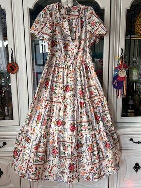 Anthropologie Summerset Maxi Dress Cross-stitch Floral Patchwork Design L